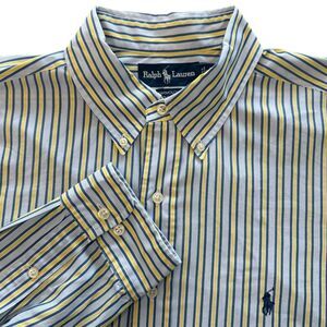 Ralph Lauren Blue/Yellow Striped Oxford Button Down Shirt Size 17‎ 34/35